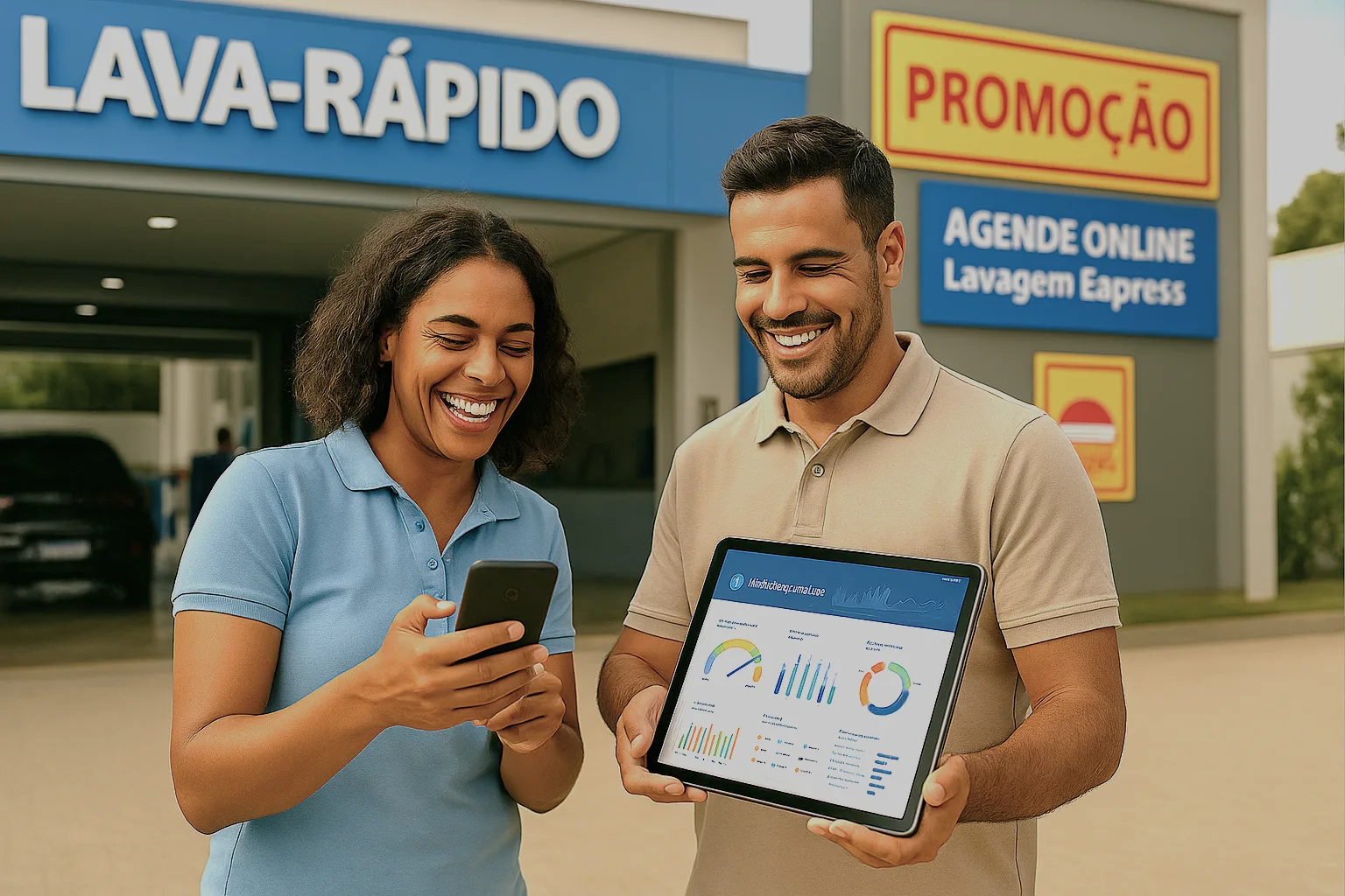 Dois empresários felizes em frente a um lava-rápido no Brasil, conferindo smartphone e tablet.
