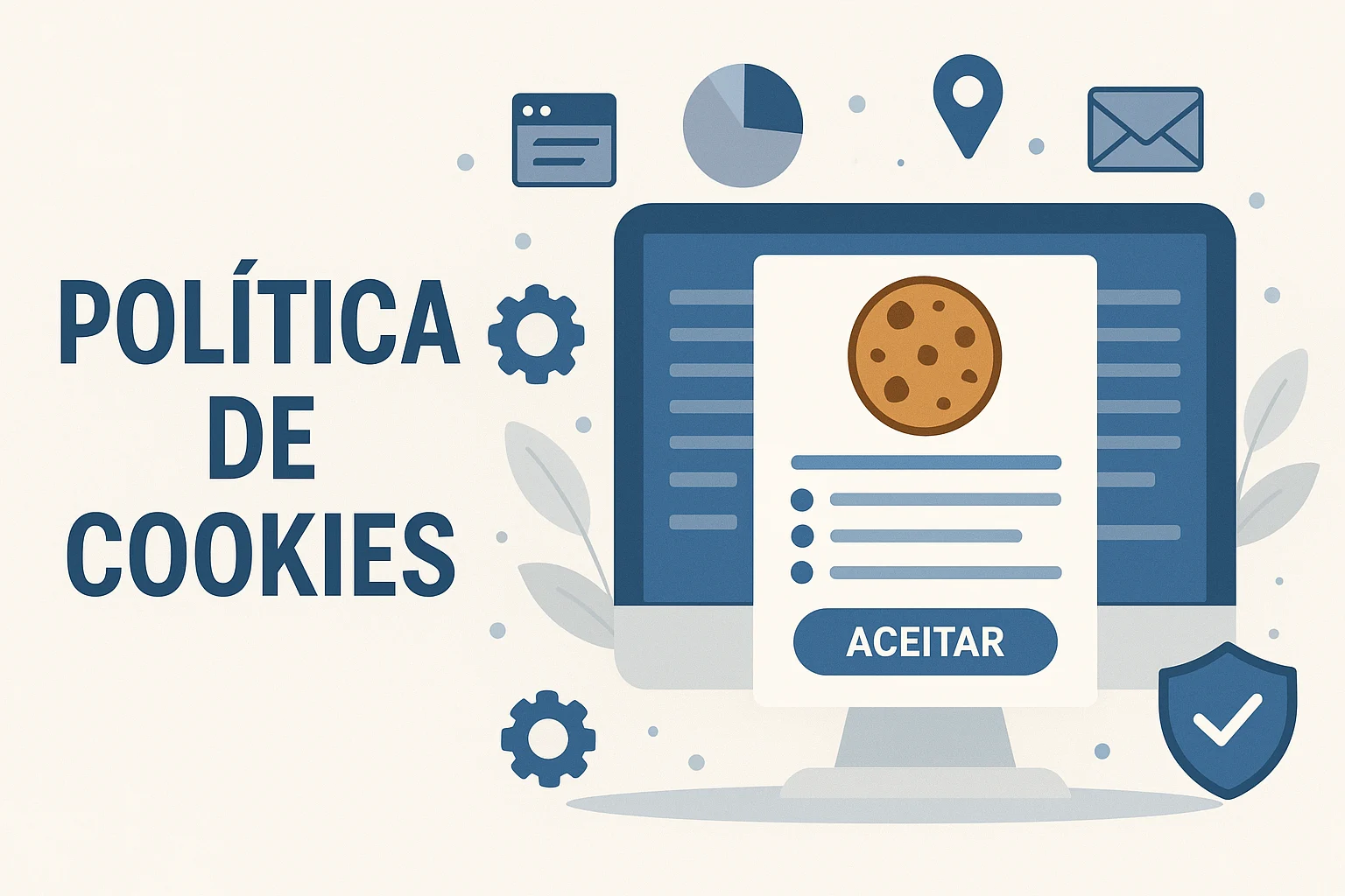 Ilustração representando política de cookies com design moderno em português, mostrando um aviso de consentimento com botão "Aceitar", ideal para site de empreendedorismo, negócios e LGPD no Brasil.
