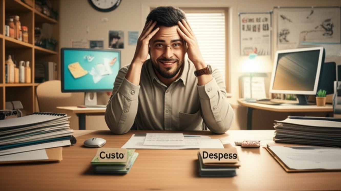 Um homem de negócios parece estar estressado com seus custos e despesas. O conceito de custo versus despesa é essencial para o sucesso financeiro e a lucratividade.