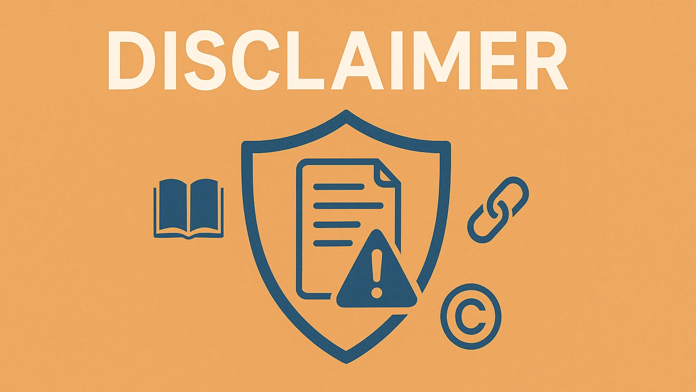 Imagem ilustrativa de aviso legal com o título "Disclaimer", escudo com ícone de documento e símbolos de direitos autorais, links e livro, representando proteção jurídica e responsabilidade de conteúdo em blog de empreendedorismo.
