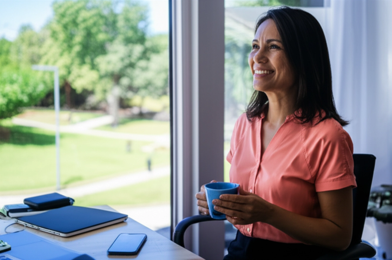 A imagem retrata uma mulher em um ambiente de trabalho confortável, representando a busca por equilíbrio entre vida profissional e pessoal. Ela está sorrindo e olhando para fora da janela, sugerindo um momento de reflexão e bem-estar. Há um laptop e um celular na mesa, simbolizando a presença da tecnologia no dia a dia de um profissional liberal.