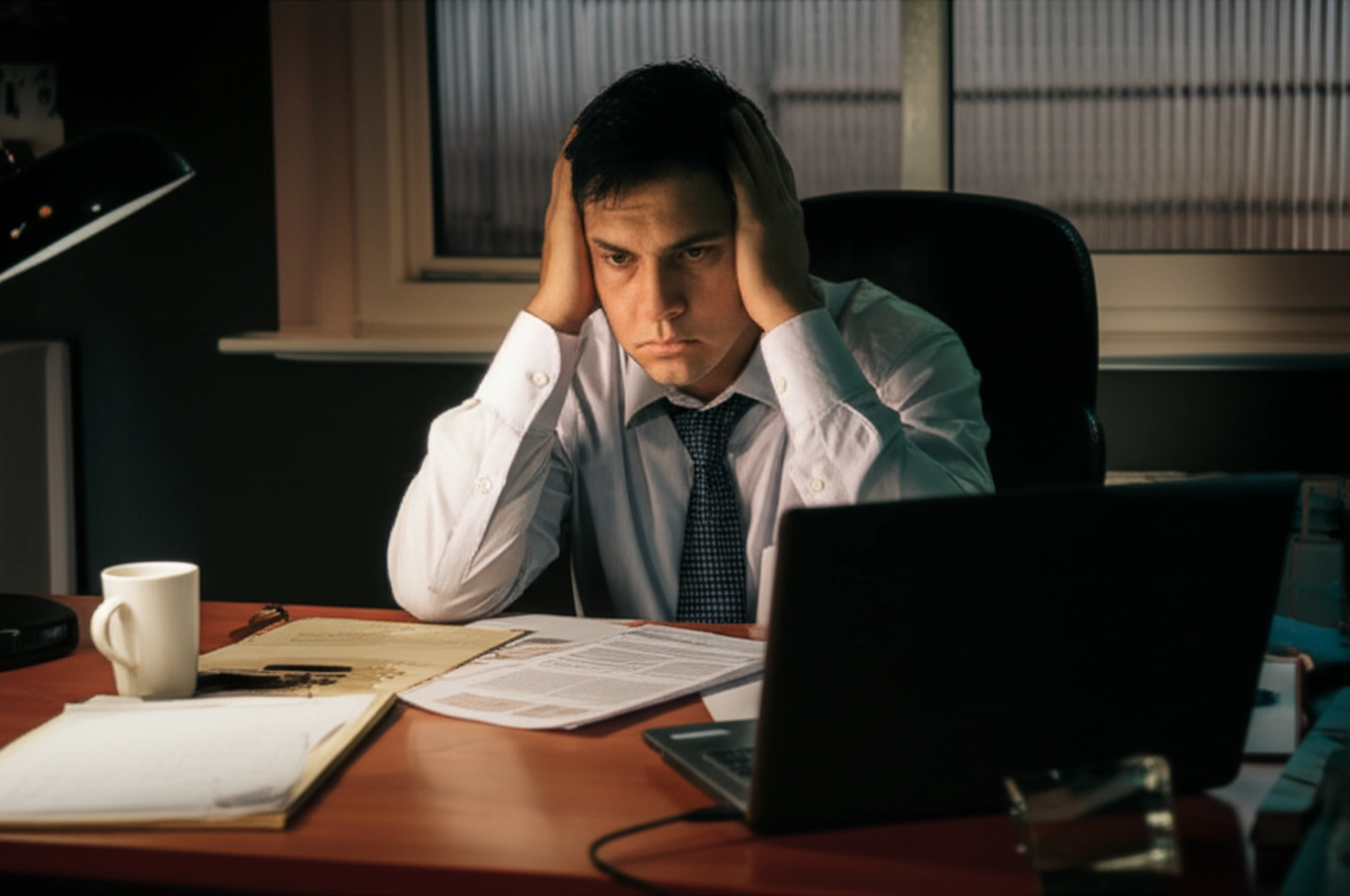 Um empresário visivelmente estressado com a cabeça entre as mãos em frente ao computador. O texto abordará os desafios da venda de serviços e como superá-los para aumentar o lucro.