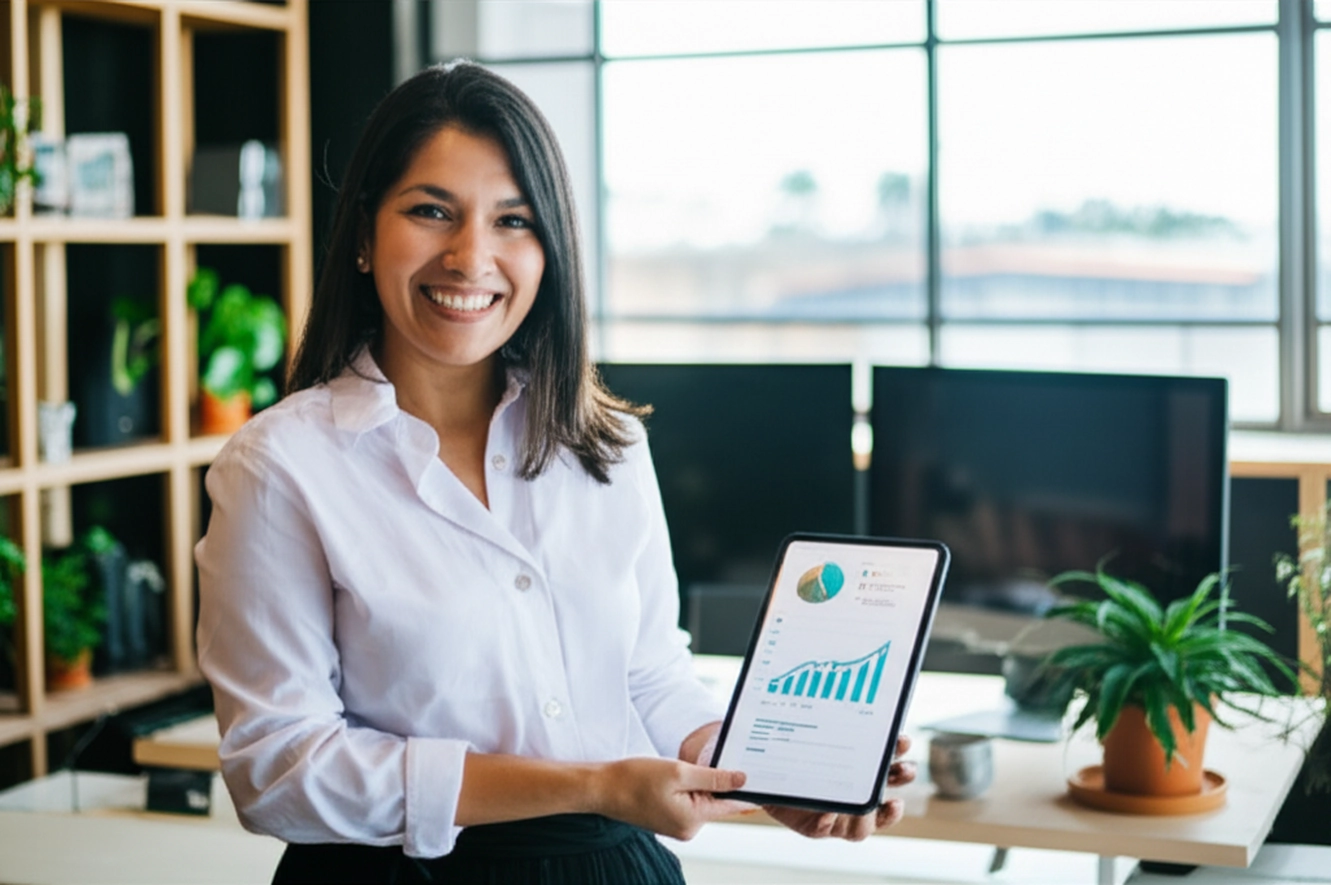 Uma mulher sorridente mostra um tablet com gráficos de vendas em um escritório moderno. A imagem destaca a apresentação de dados para análise e tomada de decisões estratégicas.